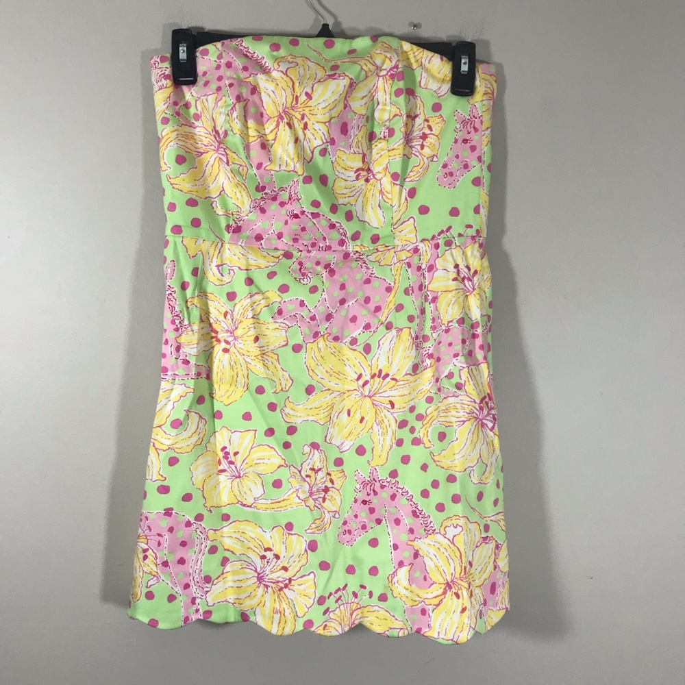 Lilly Pulitzer floral horses dress strapless sz 10